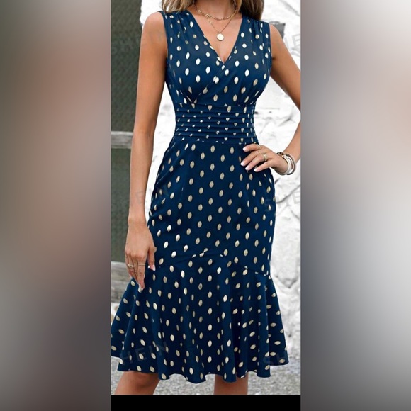 SHEIN Clasi Gold Dot Print Ruffle Hem Dress size large - Picture 3 of 8